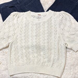 Free People Ivory Open Stitch Knit Short Sleeve Sweater